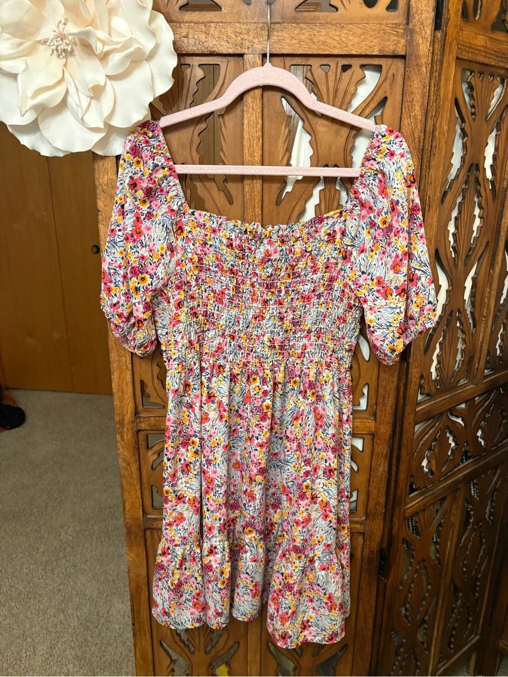 First Love Pink Multi Floral Smocked Mini Dress